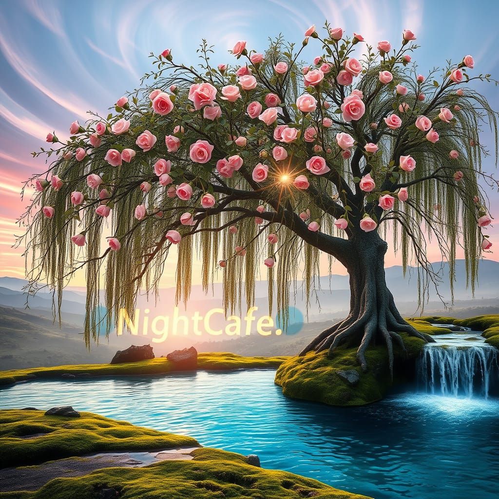 Ancient Willow Tree with Glowing Roses and Waterfall