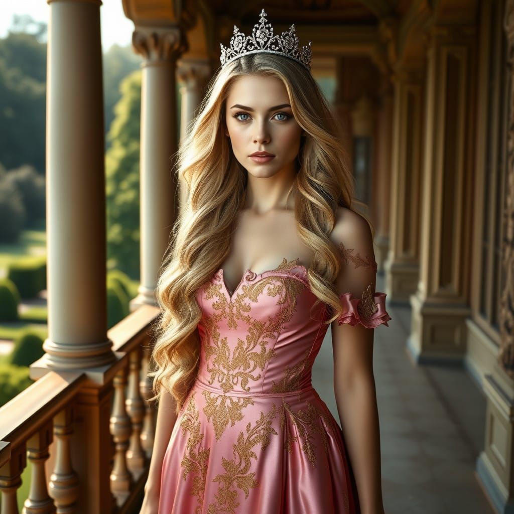 Elegant Blonde Princess in Regal Pink Gown with Golden Embro...