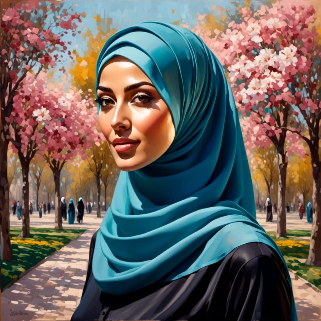 Beautiful Hijabi Woman in Spring Park Painting