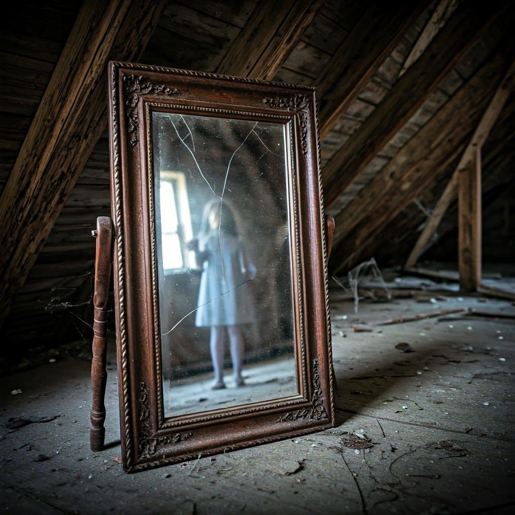 Eerie Ghostly Figure Reflected in Cracked Antique Mirror