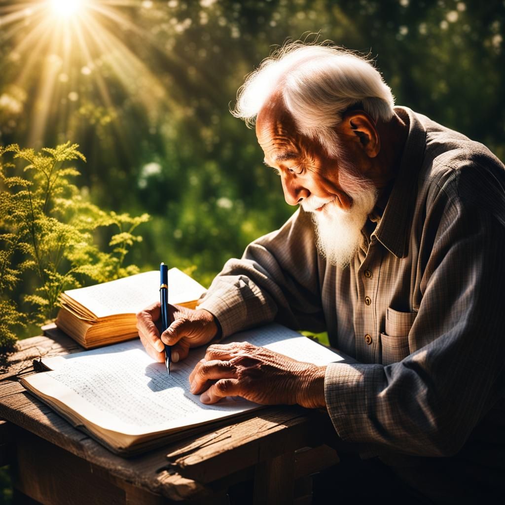 Old Man Writing Stories in Divine Light