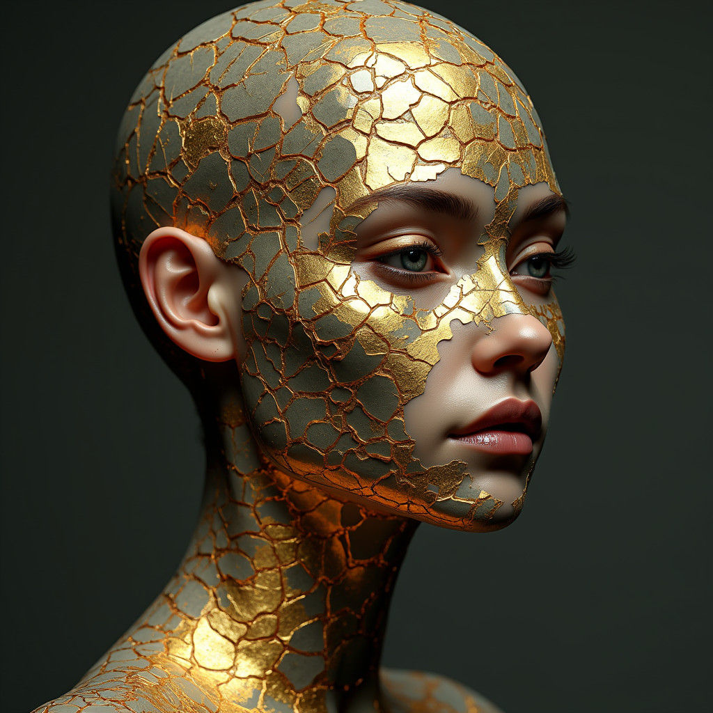 Kintsugi Portrait of Woman with Gold and Silver Veins