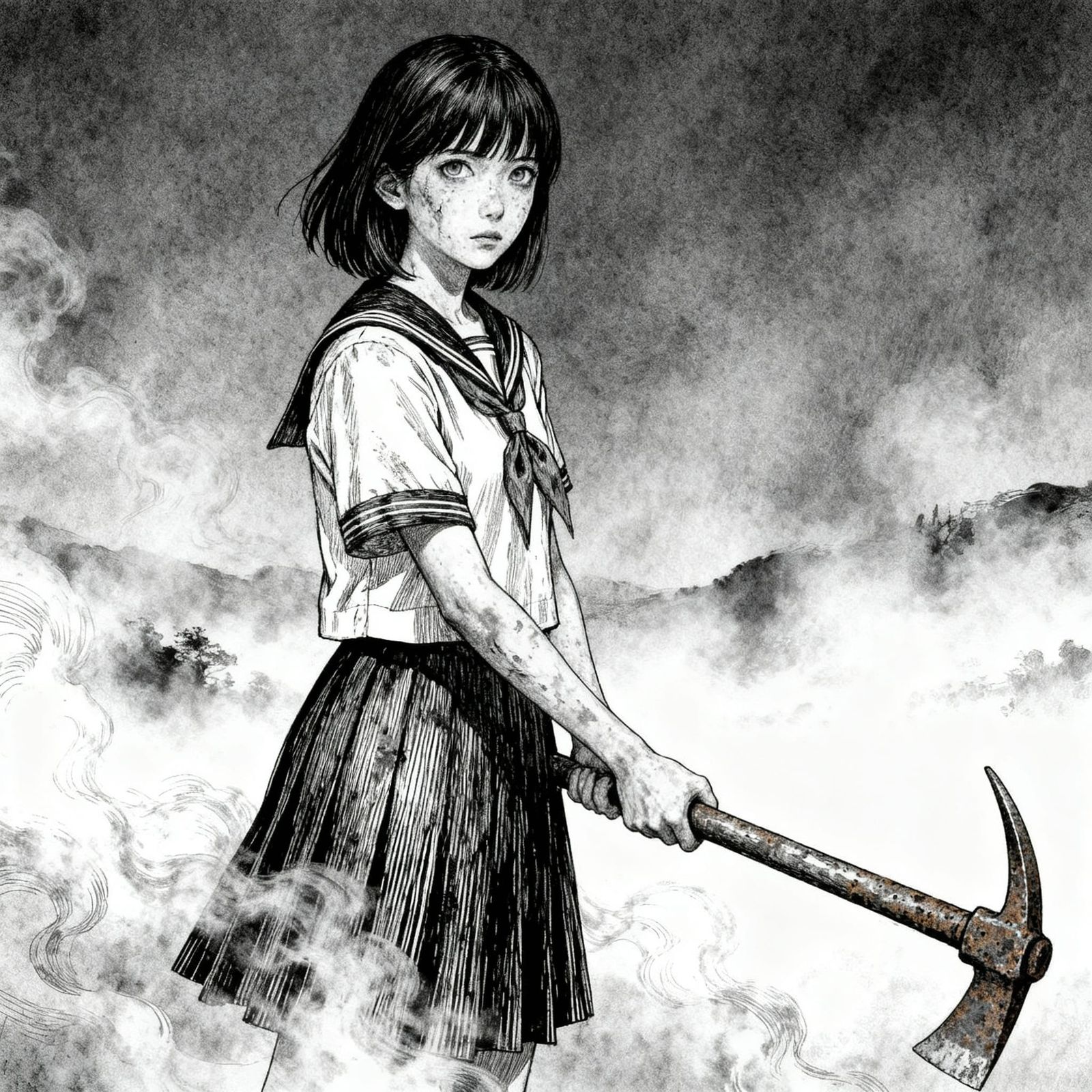 Junji Ito Style Sketch: Schoolgirl with Crowbar in Misty Lan...