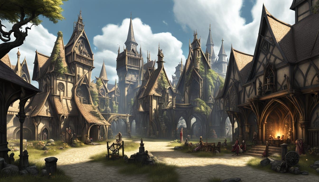 Gothic Elven Baroque Village Digital Art