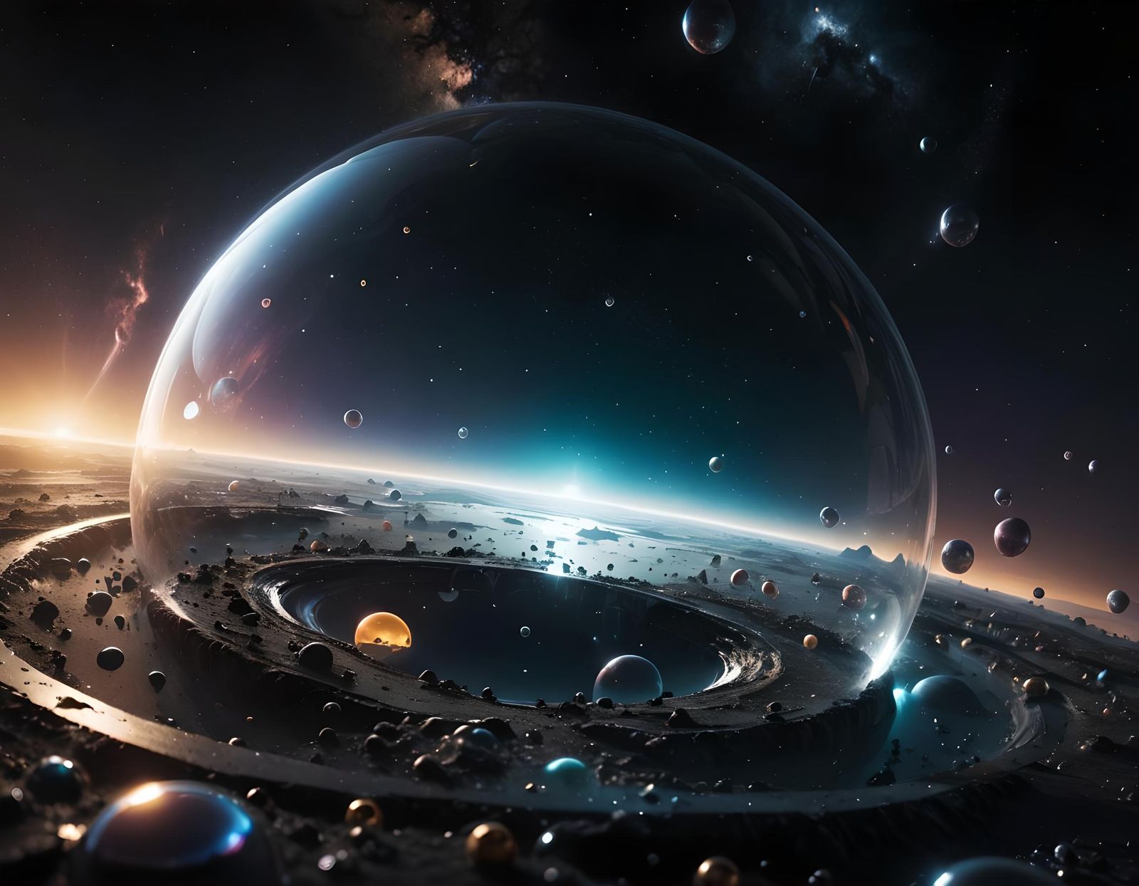 Surreal Cosmic Landscape with Reflective Bubble
