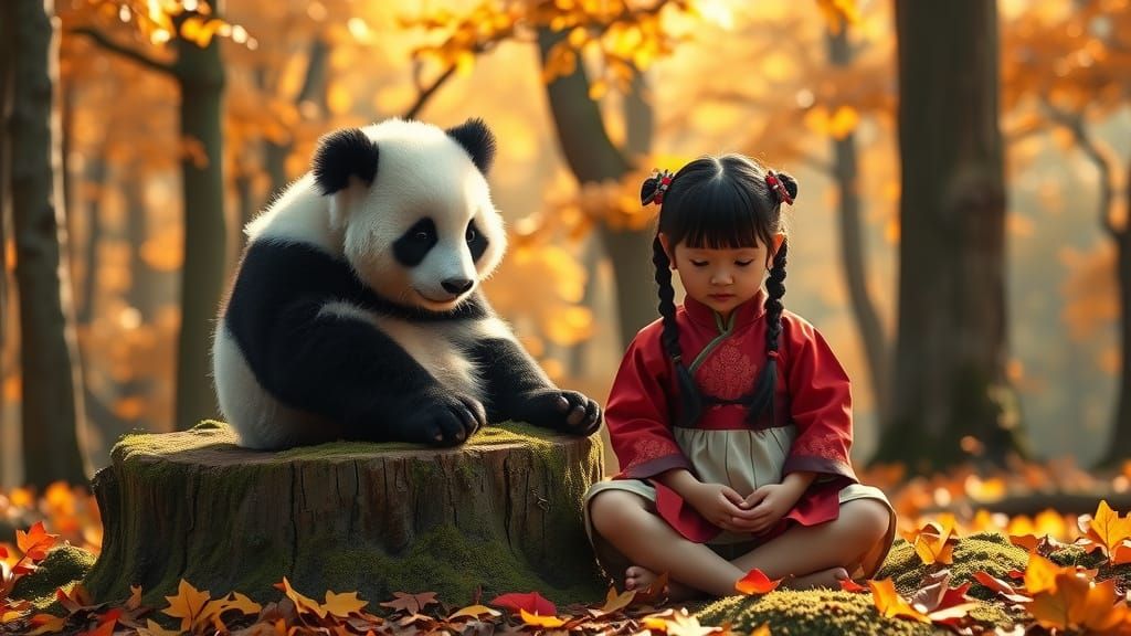 Autumn Forest Scene with Panda and Young Girl