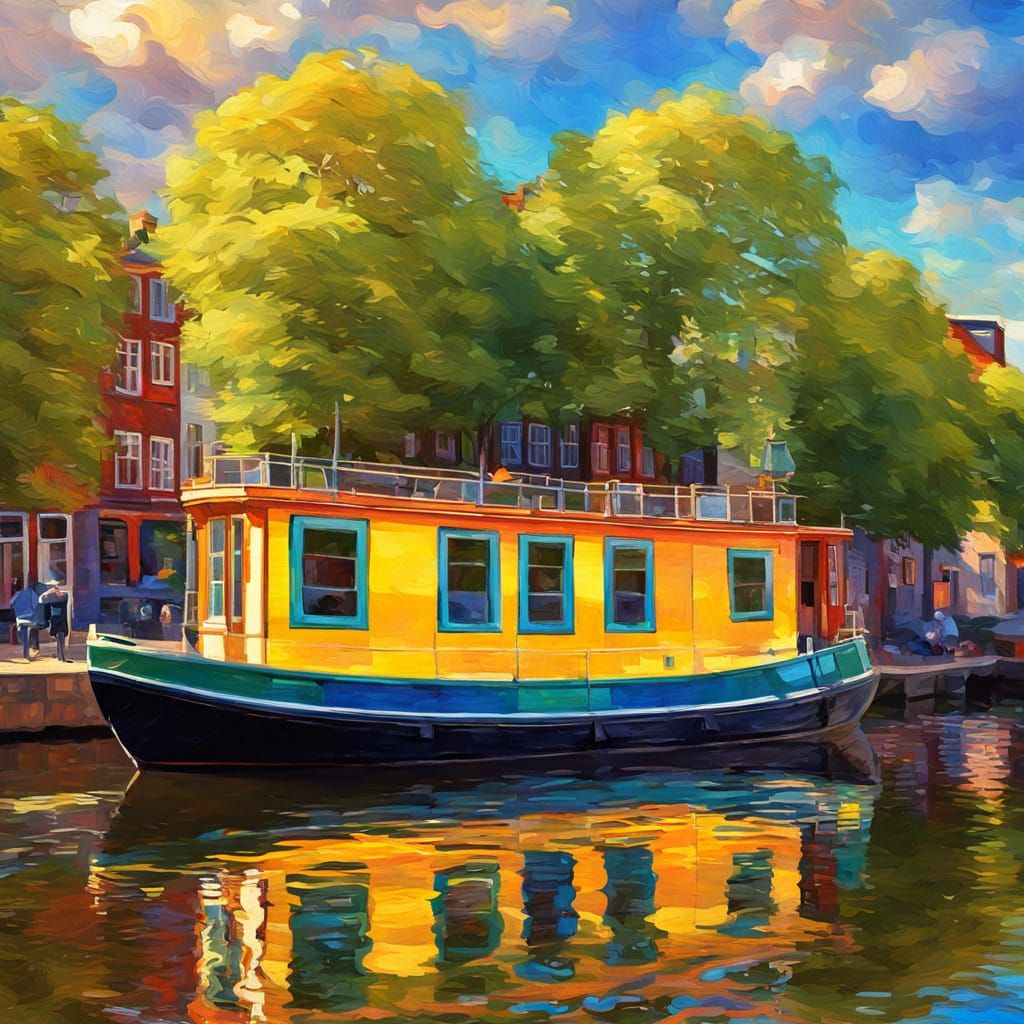 Vintage Houseboat in Copenhagen: Impressionistic Summer Scen...