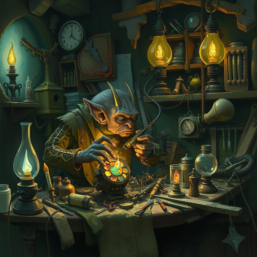 Goblin Artificer Works in Mysterious, Arcane-Lit Workshop