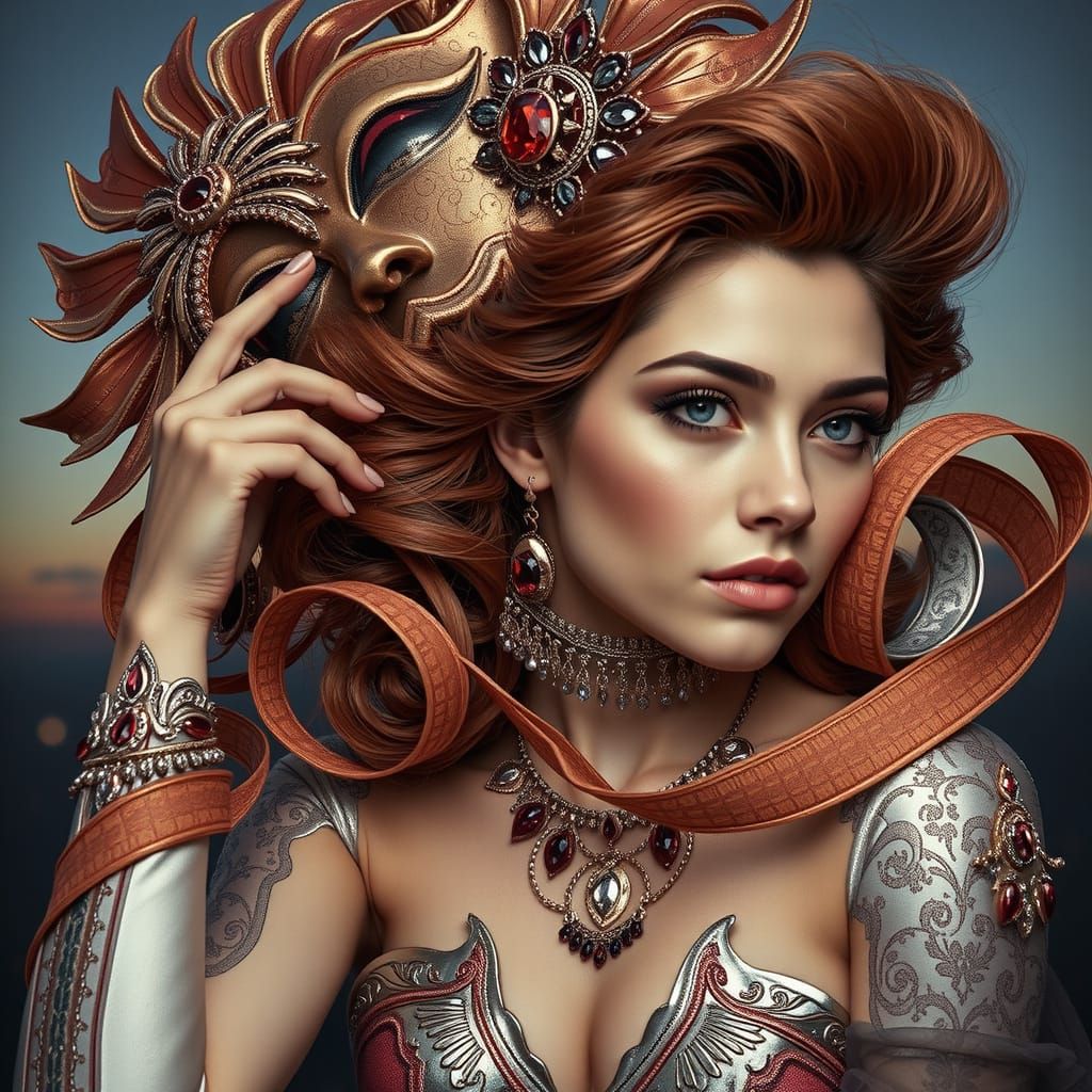 Woman in Ornate Golden Mask at Sunset