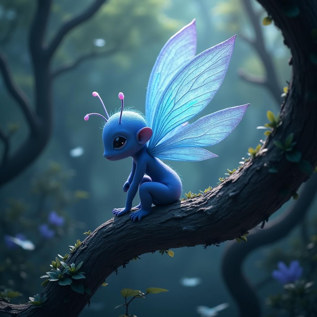 Blue Iridescent Fairy in Mystical Forest Realm