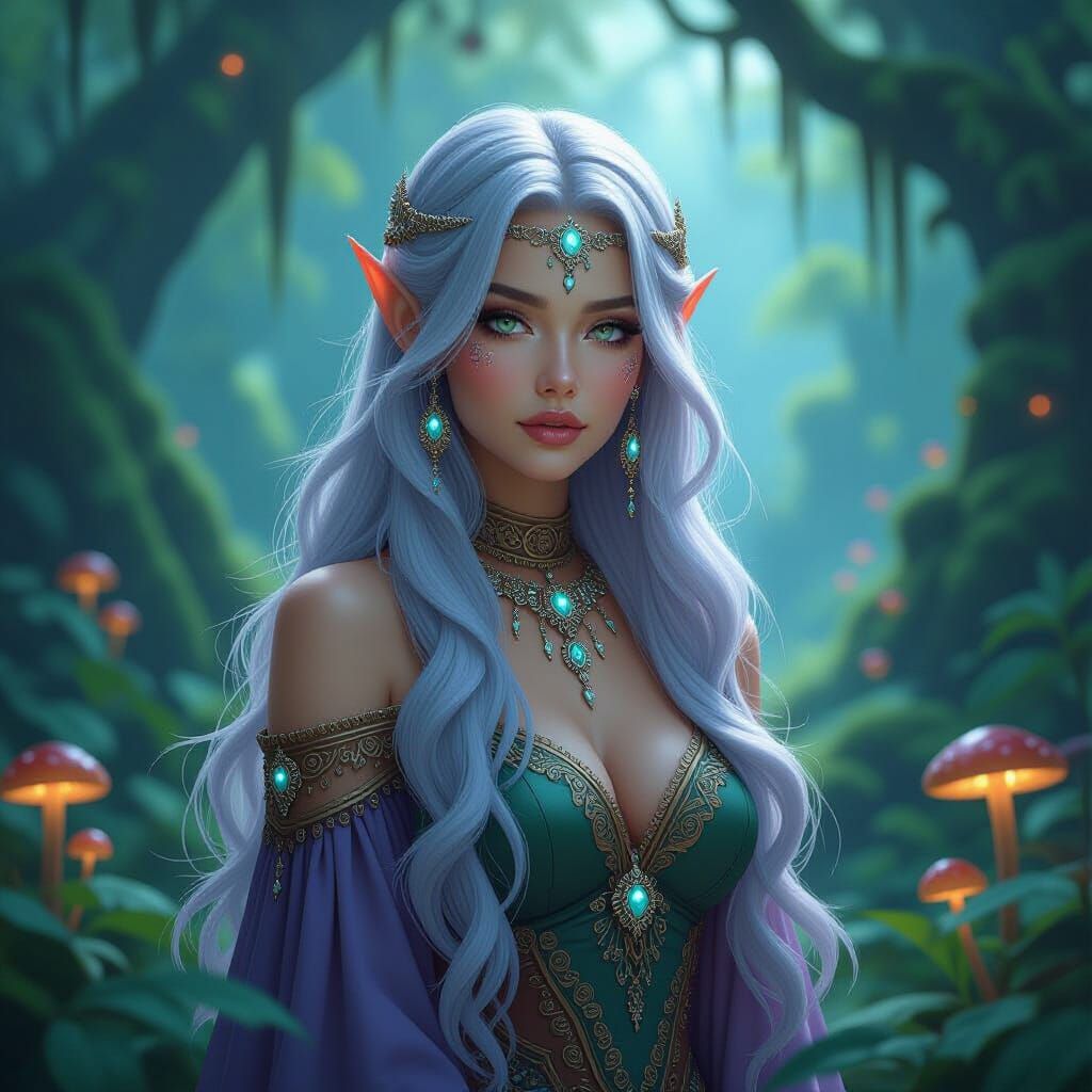 Lavender Goddess in Bioluminescent Forest