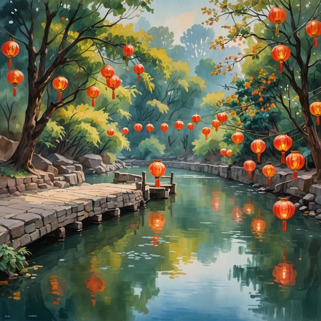 Chinese Lanterns on River in Gouache Style