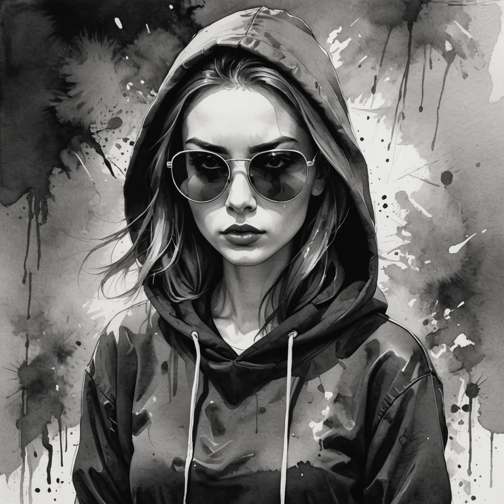 Black and White Illustration of Girl with Sunglasses