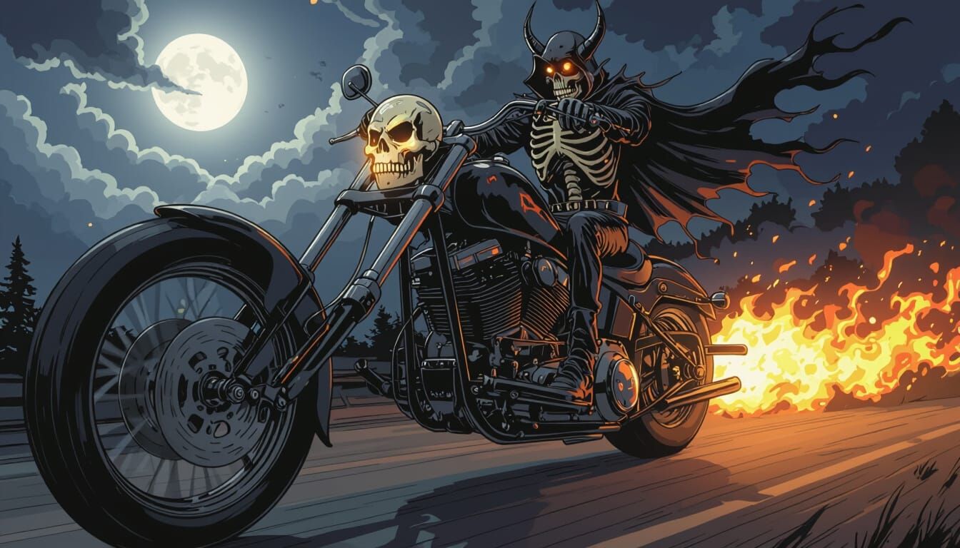 Devil Rides a Black Chopper with Skull Headlight