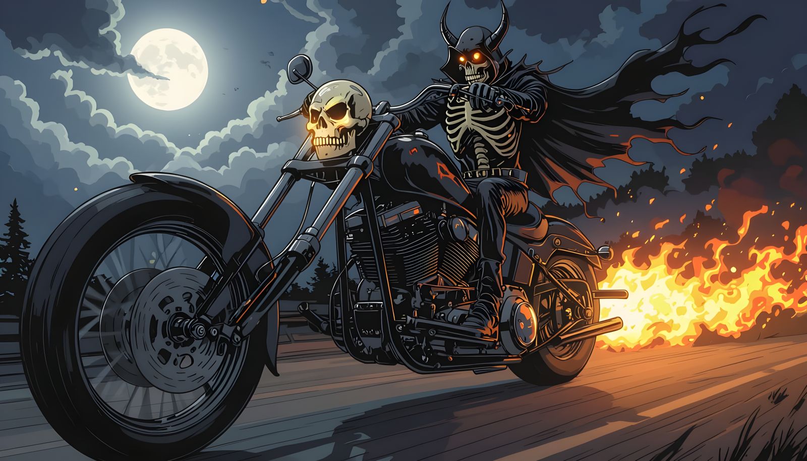 Devil Rides a Black Chopper with Skull Headlight