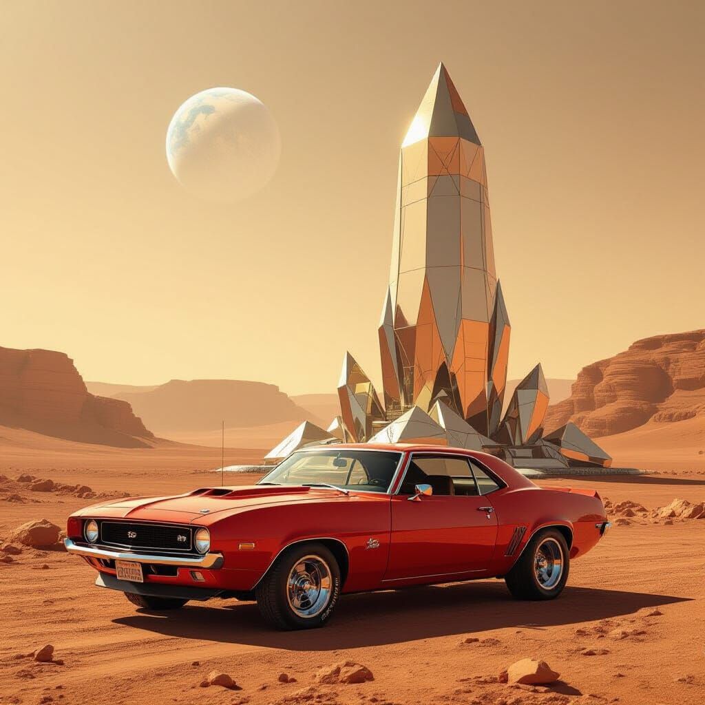 Muscle Car on Mars Next to Crystalline Structure