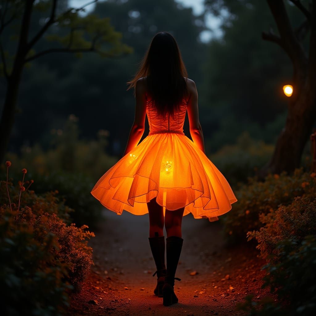 Woman in Pumpkin Dress Walking in October Garden