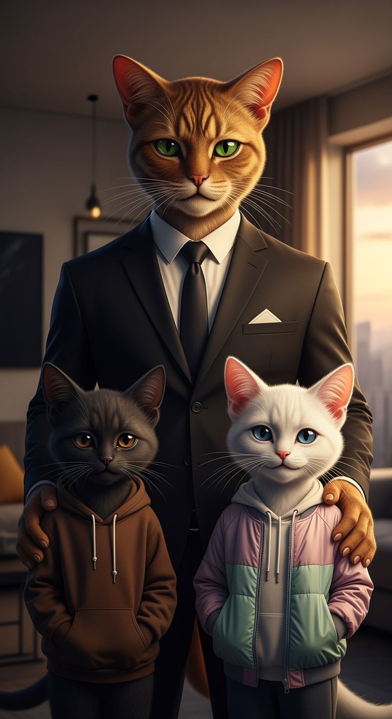 Cinematic Portrait of Humanoid Cat Family in Modern Living R...
