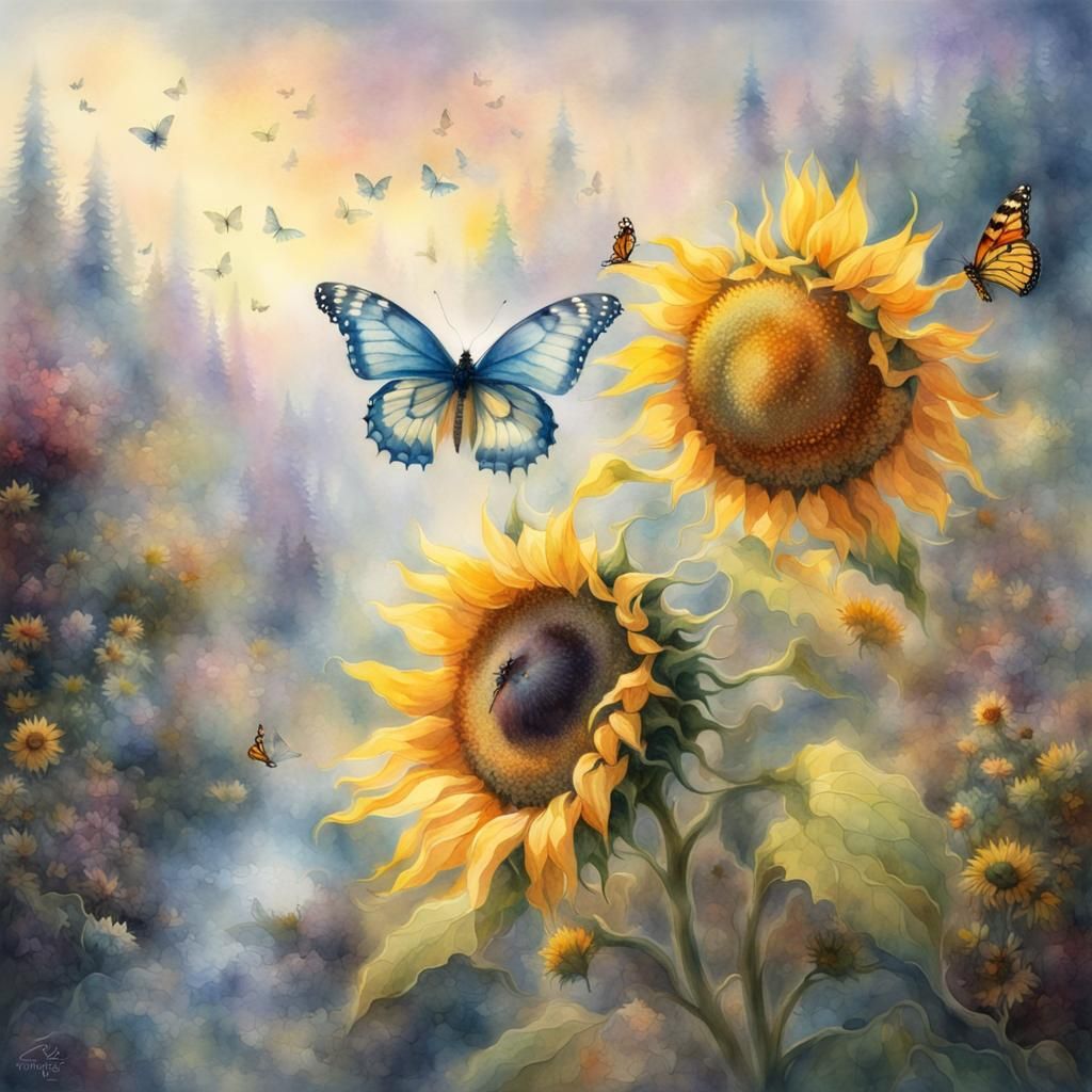 Sunflower and Butterflies in Watercolor Double Exposure