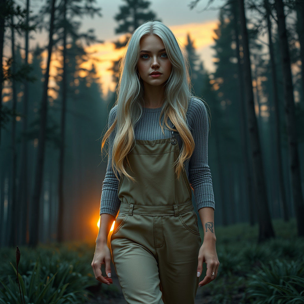 Woman with Ombre Hair Walking in Forest