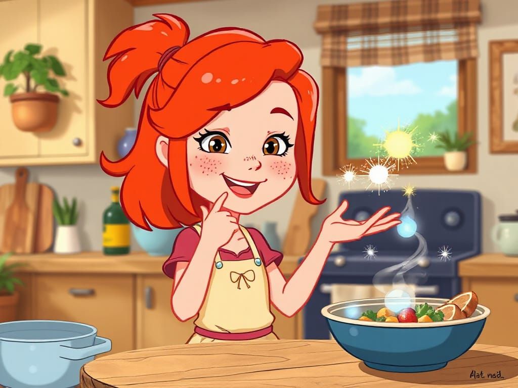 Redhead Cartoon Chef Cooks Dinner With Magic in Cozy Kitchen