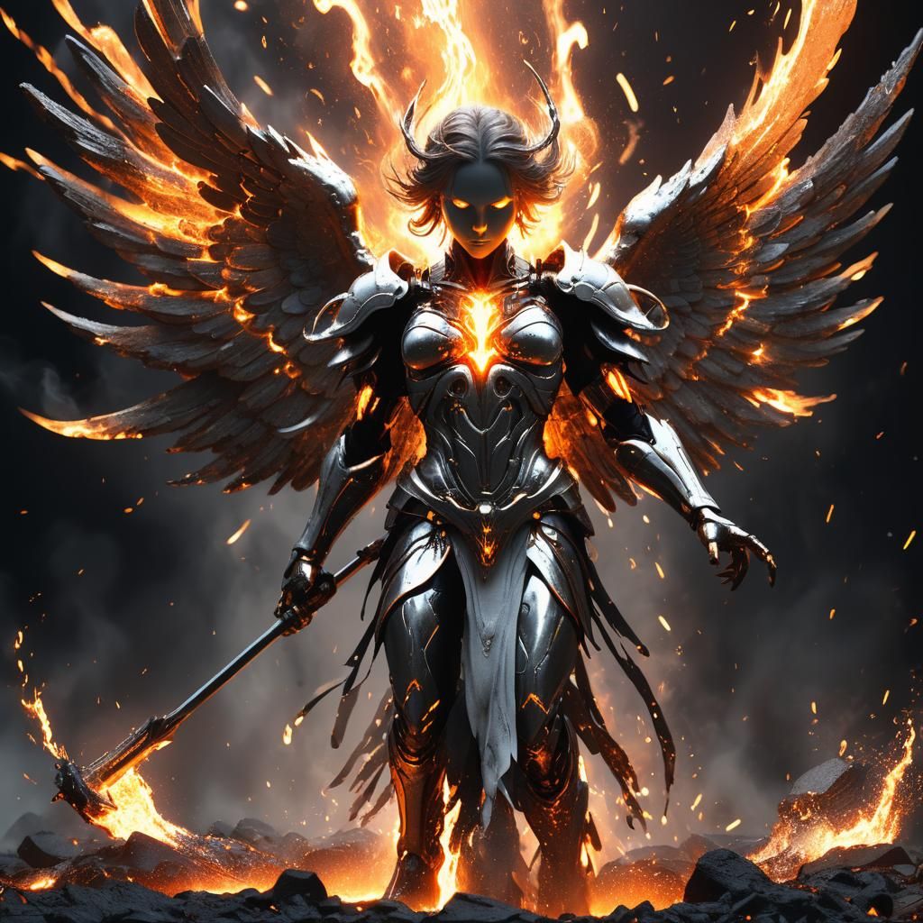 Molten Metal Angel in Fiery Light: Digital Art
