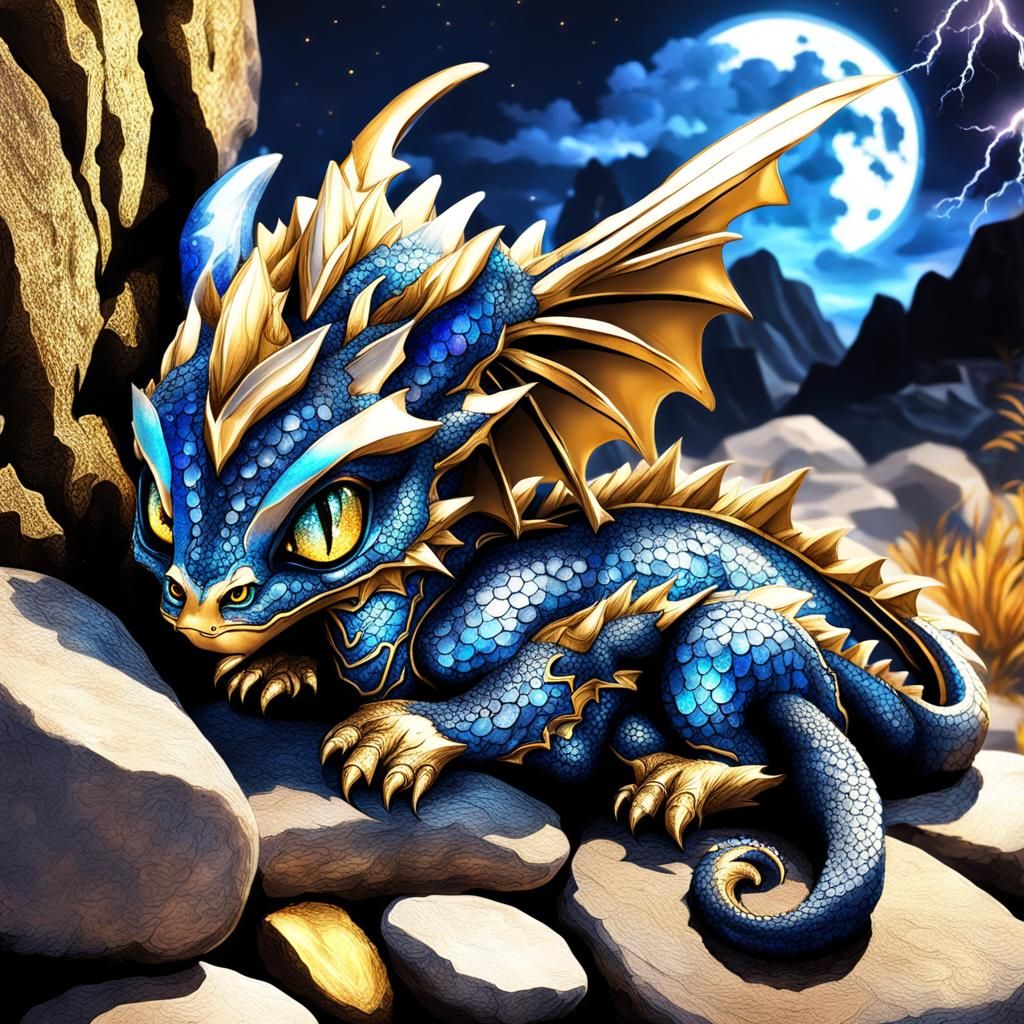 Indigo Dragon with Golden Eyes Under Moonlight