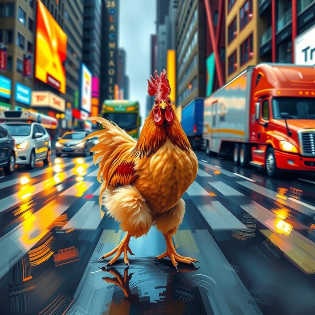 Determined Chicken Crosses City Streets in Vibrant, Impressi...