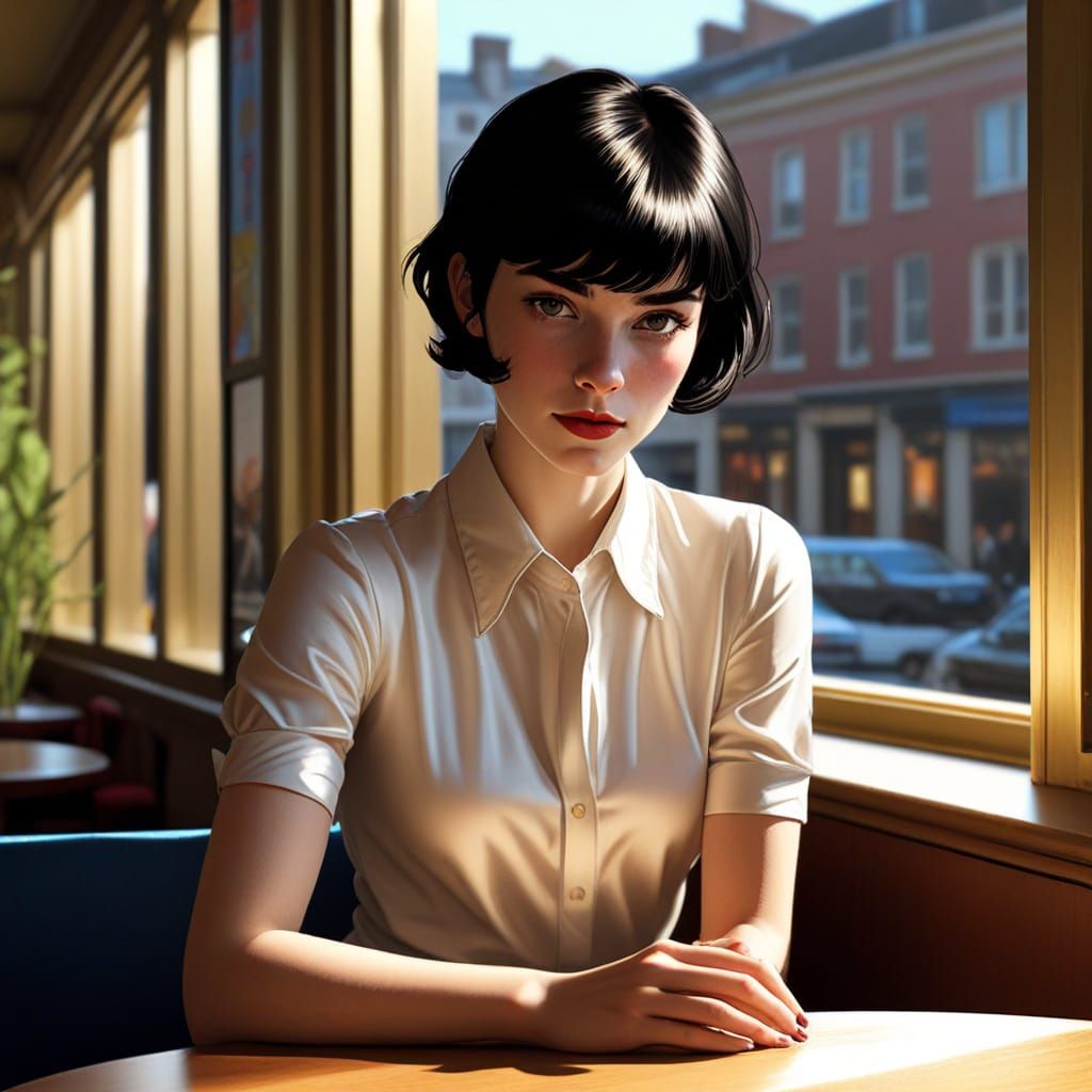Girl in a Sunny Cafe with Chiaroscuro Lighting