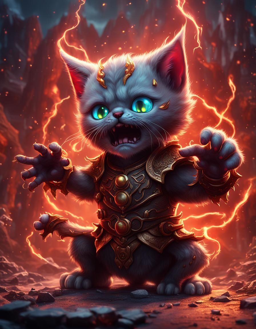 Kitten Argues with Demon: Detailed Fantasy Art