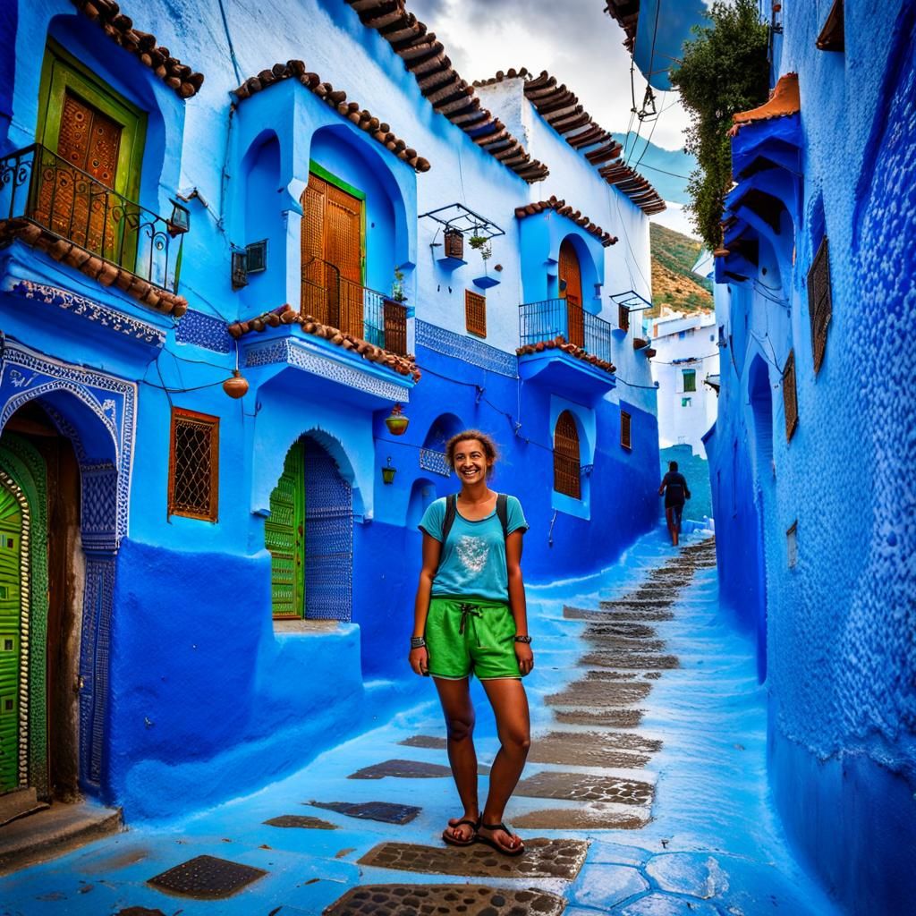 Blue Village Portrait: Tourist Woman in Chefchaouen