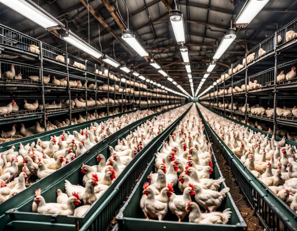 Overcrowded Factory Farm with Distressed Chickens