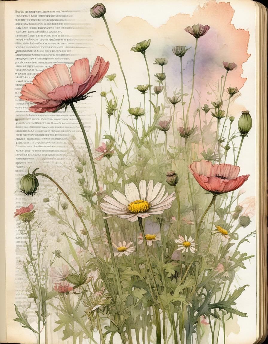 Vintage Botanical Illustration of Watercolor Meadow Flowers