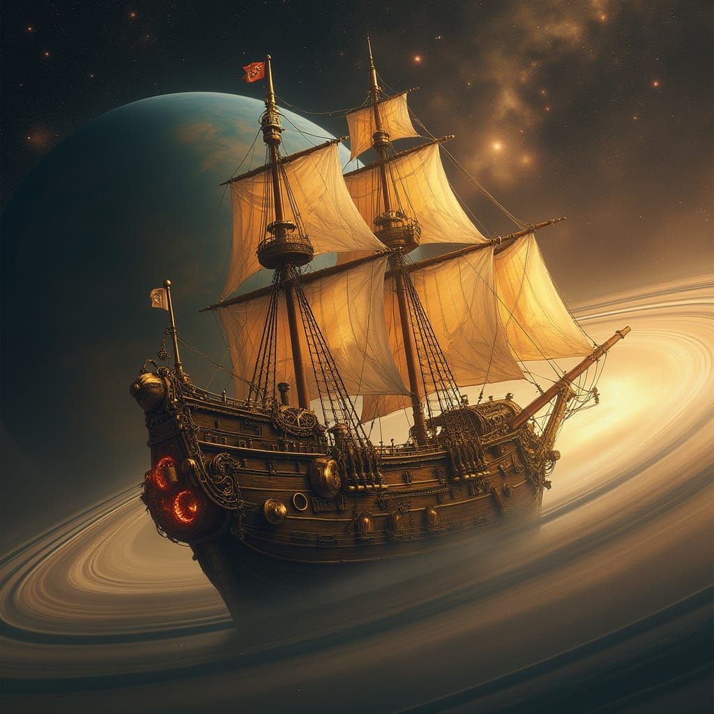 Steampunk Pirate Ship Sails Through Saturn's Rings