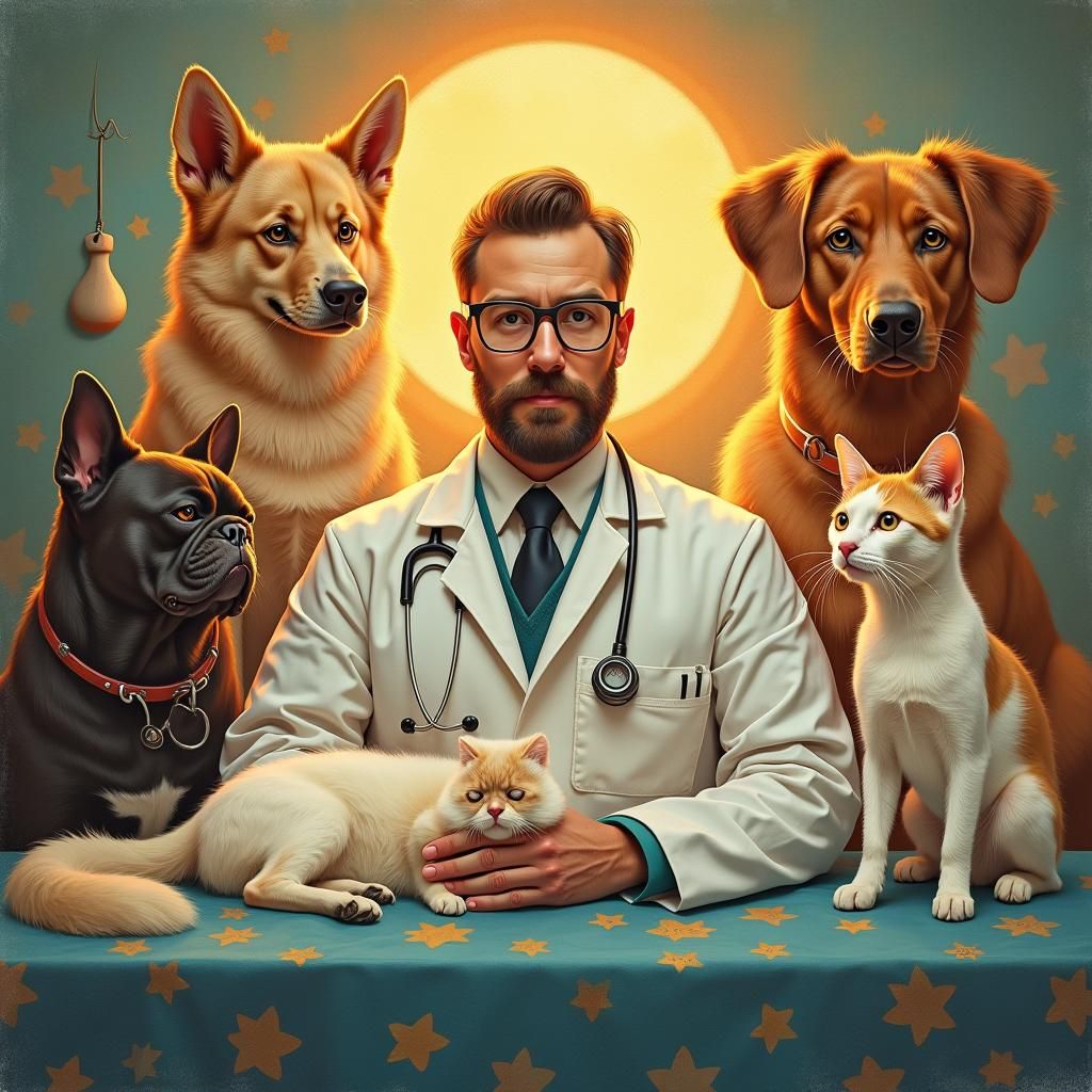 Majestic Veterinarian Surrounded by Animal Symbols