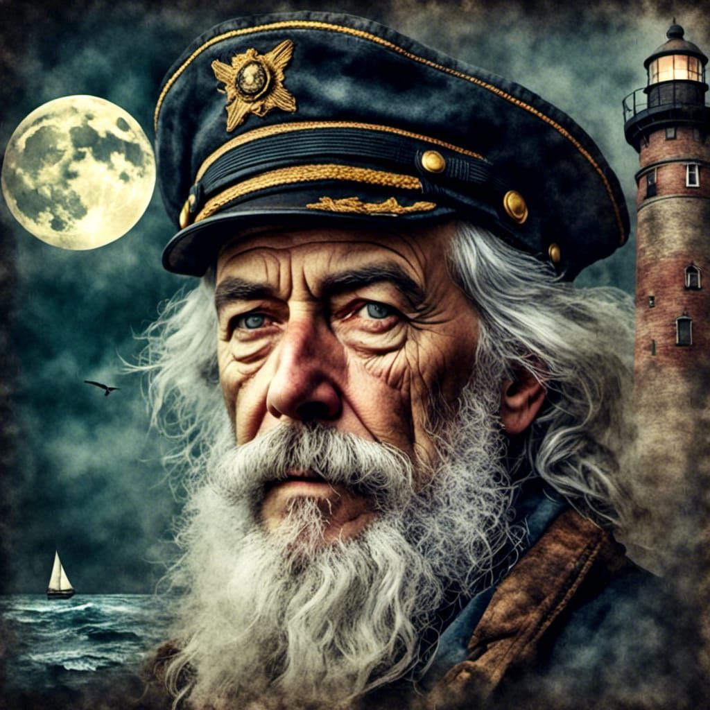 Salty Sea Captain by Lighthouse in Antique Watercolor