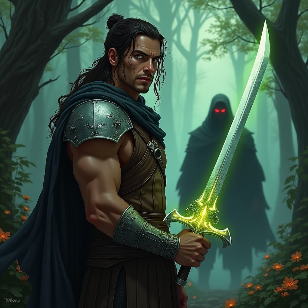 Warrior Aric in Mystical Forest with Shadowy Figure
