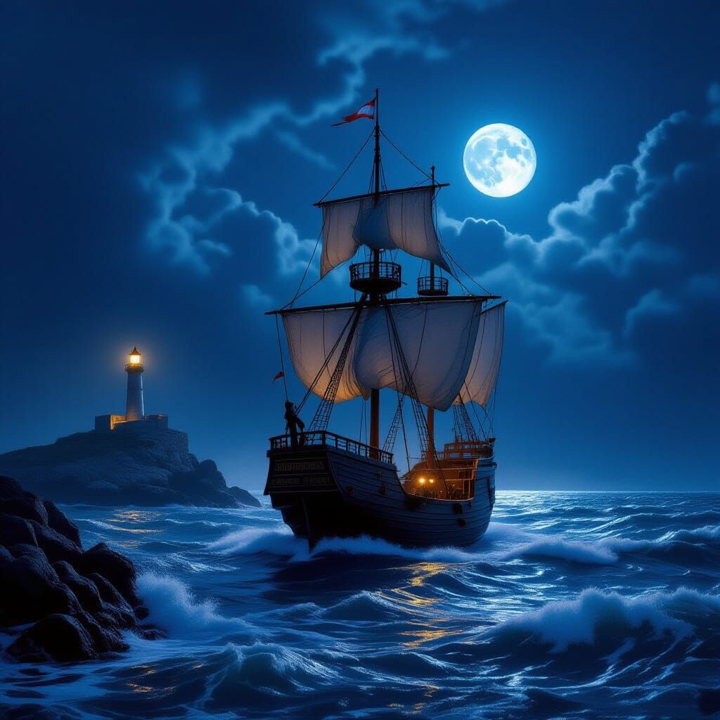 Ancient Roman Ship Sails Stormy Seas at Night