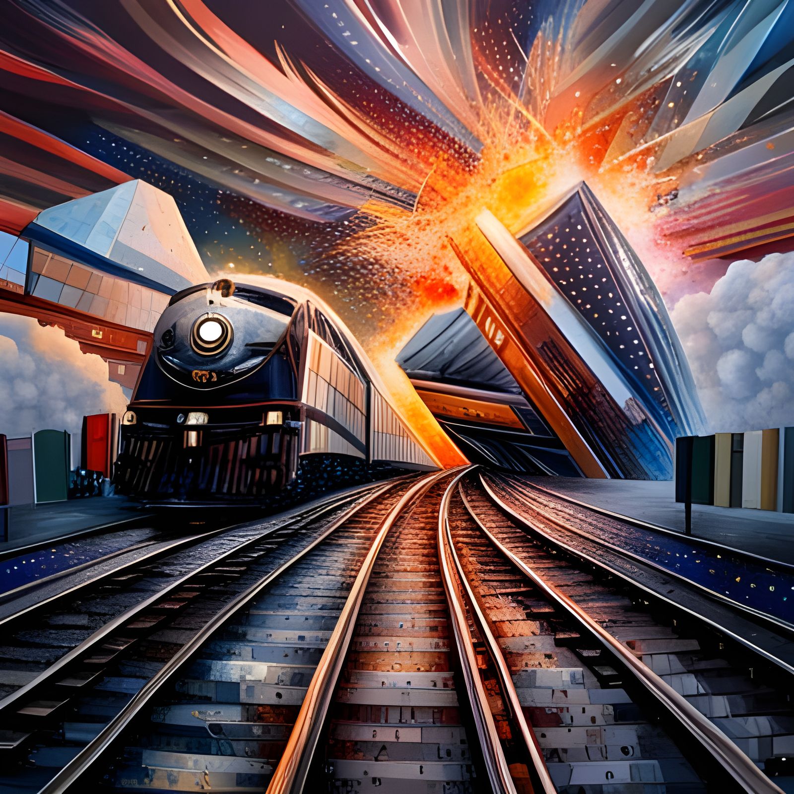 Trains Head-On Collision Abstract Art