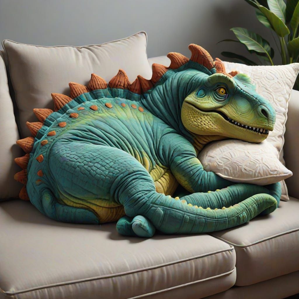 Dinosaur on Couch in Realistic Textured Style