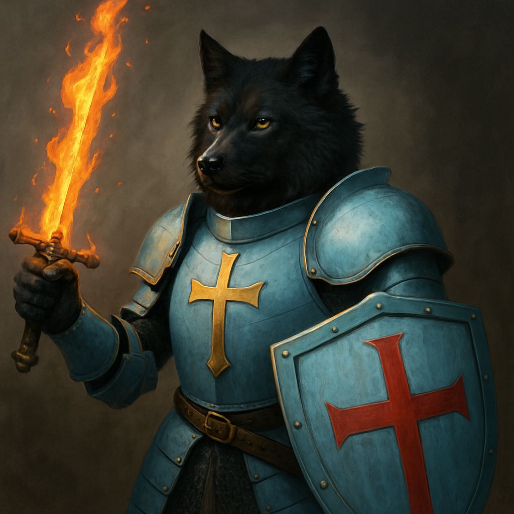 Armored Black Wolf with Flaming Sword and Shield