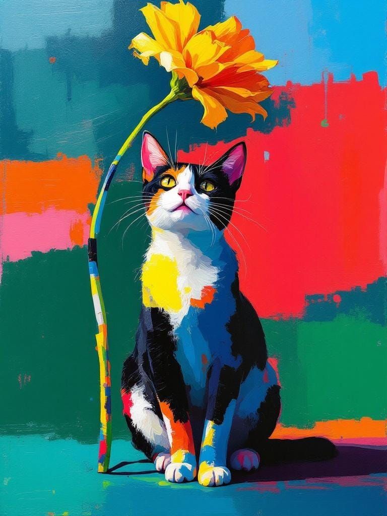 Cat Under Flower in Magical Realism Impasto Style