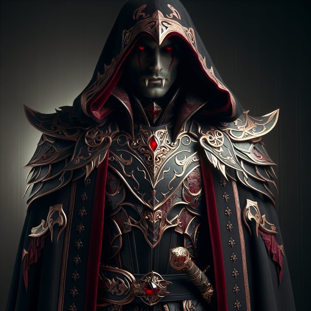 Vampire Rogue Assassin in Ornate Armor and Cloak
