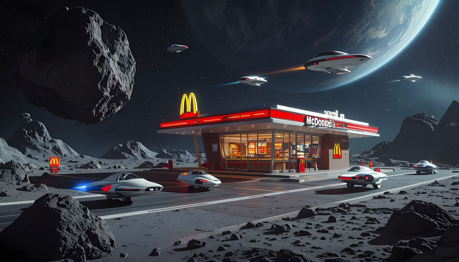 McDonald's in Deep Space: Hyperrealistic Asteroid Restaurant