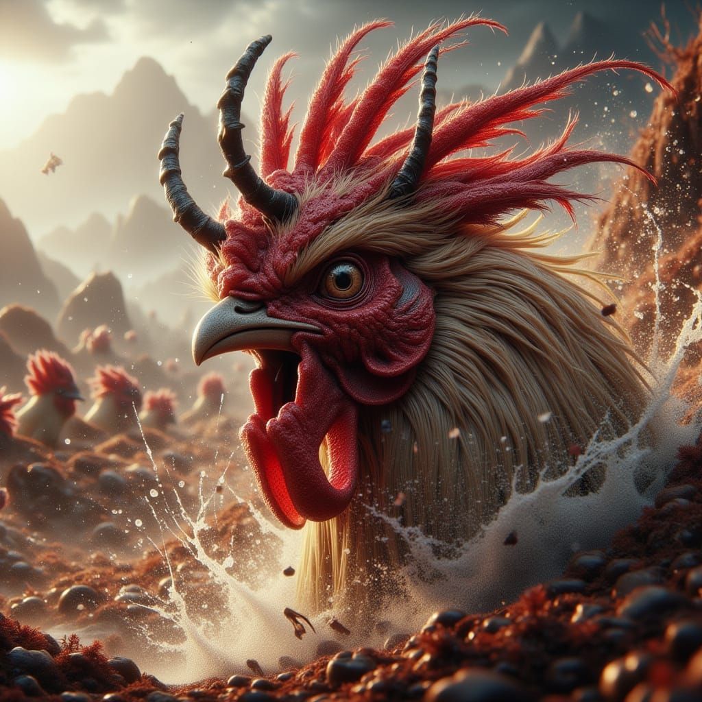 Fighting Rooster with Devil Mask in Hyperrealism Style
