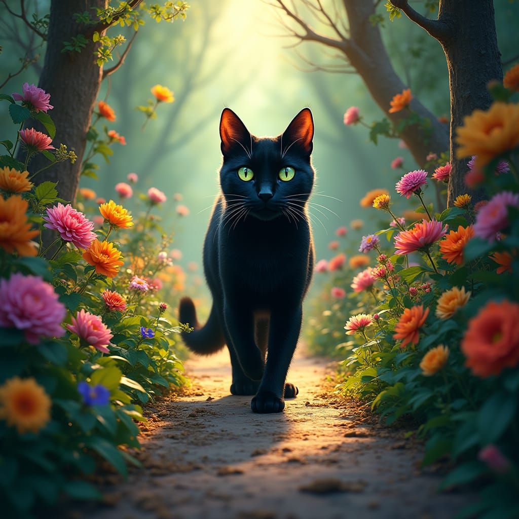 Majestic Black Cat Strolls Through Enchanted Floral Pathway