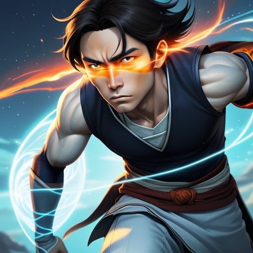 Young Firebender Meditates with Blue Flame: Anime Art