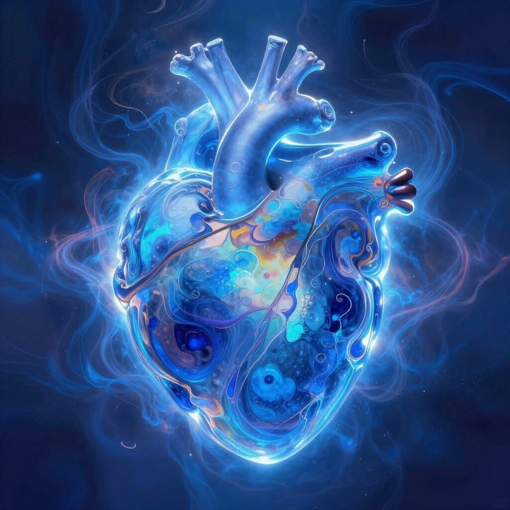 Mystical Flowstone Heart Artifact Glowing with Blue Light