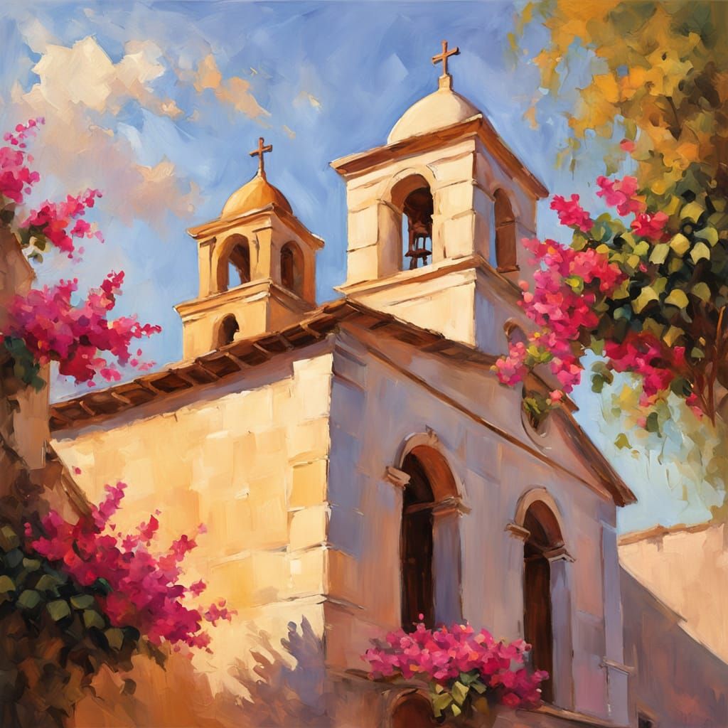 Mexican Village Church in Impressionist Style