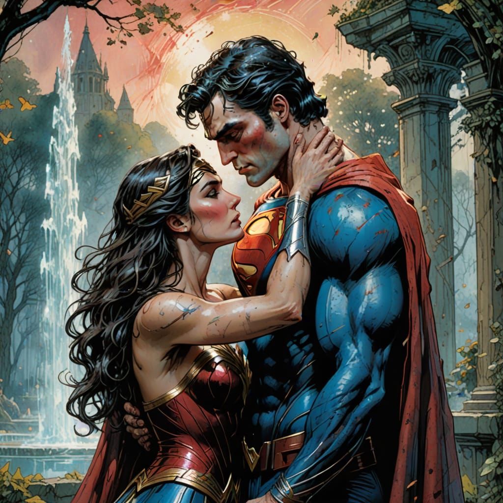 Superman and Wonder Woman Kiss in Romantic Park